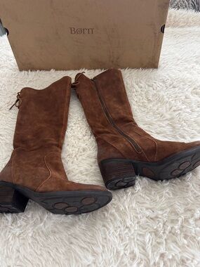 Born Chestnut Suede Mid-Calf Heeled Boots